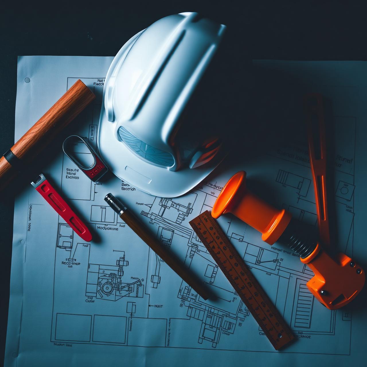 Construction tools and blueprints